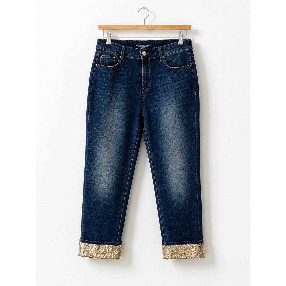 Chicos Gold Sequin Cuff Boyfriend Ankle Denim Blue 1P (US 8R) 25.5" inseam